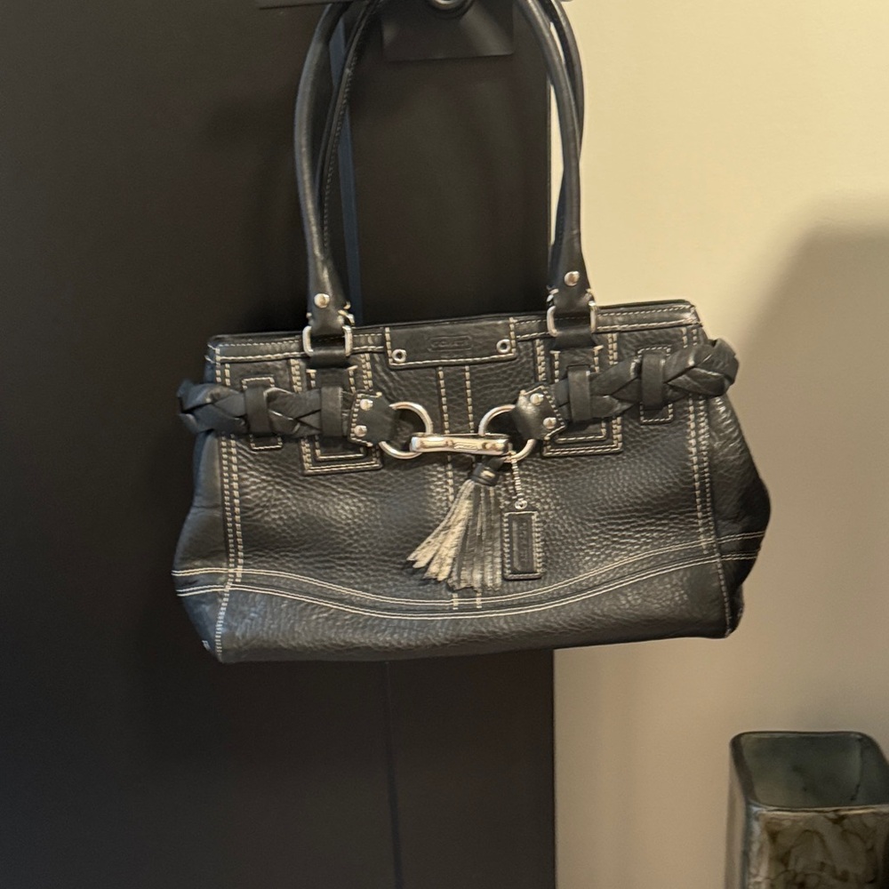 Coach Black Leather Shoulder Bag with Braided Detail